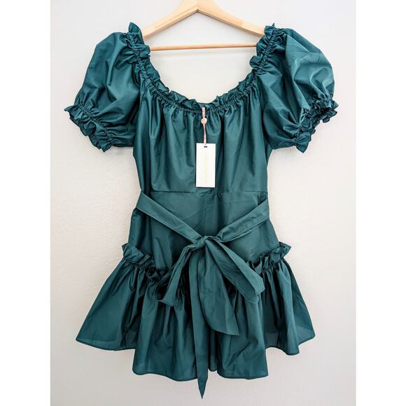 LoveShackFancy Estine Green Taffeta Mini Dress Size 12 Ruffle Party Cocktail NWT - Picture 4 of 9